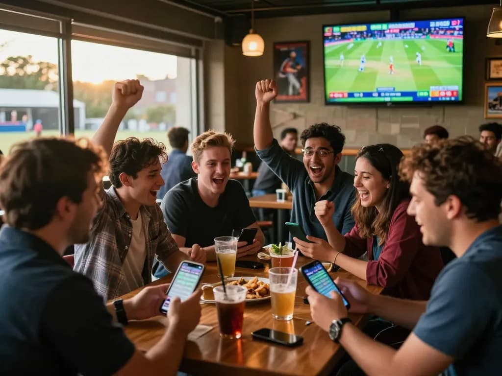 Fans engaging in cricket exchange betting at sports bar, analyzing live odds and celebrating wins.
