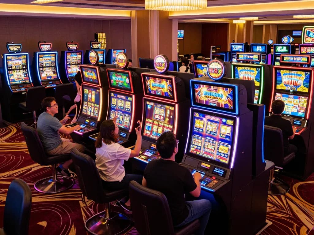 Players celebrating big wins at vibrant slot machines in a luxurious casino, highlighting excitement at https://www.mnm88.com/