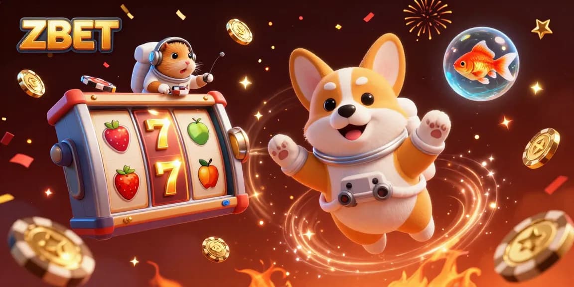 ZBET offers vibrant gaming excitement with a 3D space casino scene featuring a floating corgi and slot reels.