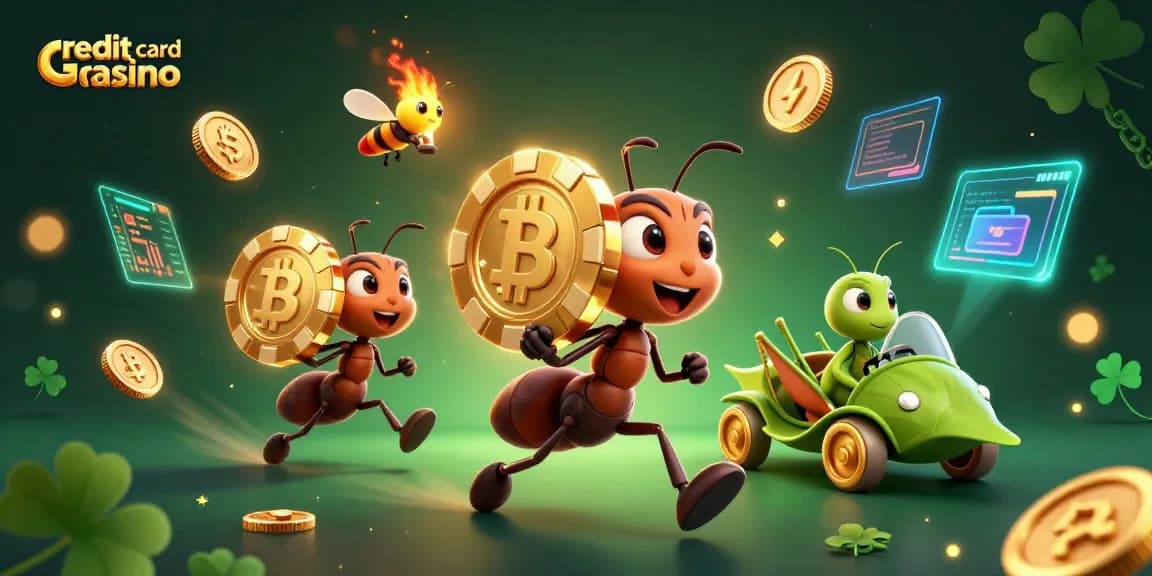 Experience excitement at credit card casinos with ants, poker chips, and glowing digital elements!