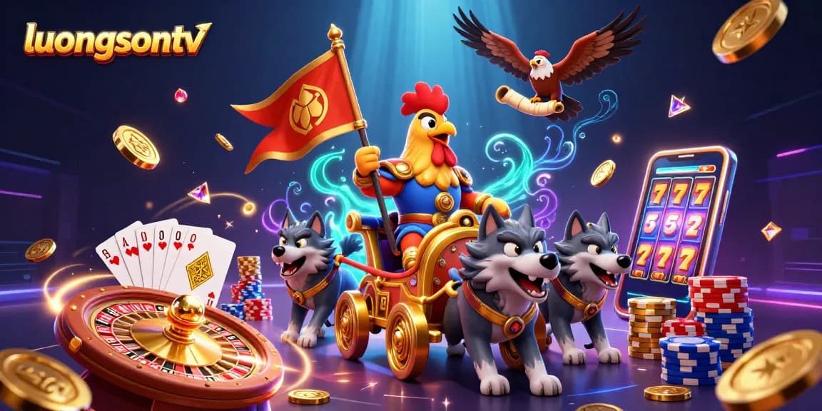 Experience the vibrant action and excitement of luongsontv with a dynamic illustration featuring iconic gambling elements.