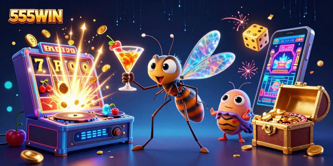 Experience thrilling moments with 555WIN at this dynamic casino-themed illustration featuring slots and roulette.