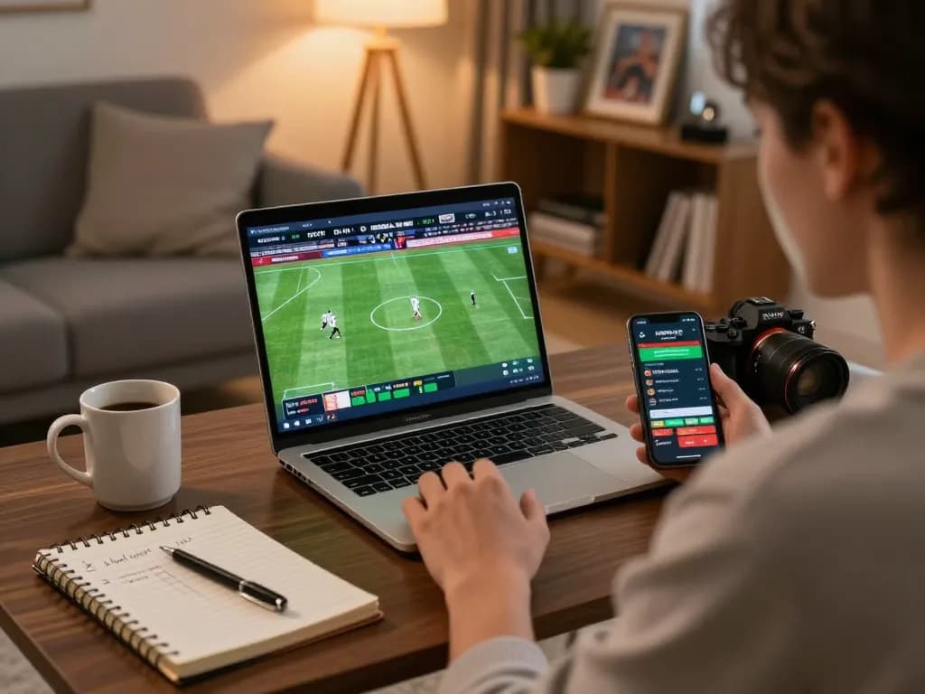 Engaging in strategic sports betting using uk88 com on a laptop with organized notes.