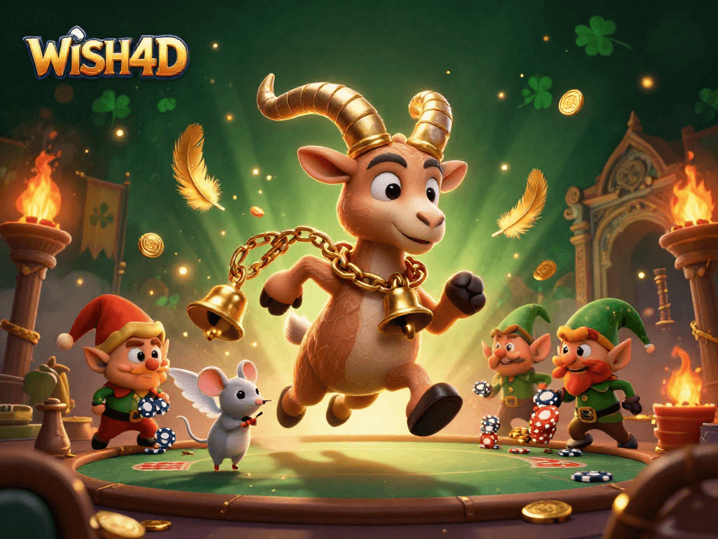 WISH4D presents a festive and spooky casino scene with a Krampus goat and mischievous gremlins.