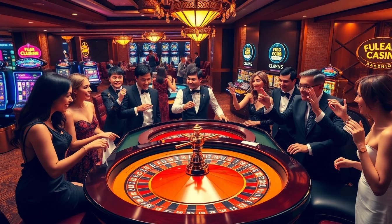 LUCK8 gamers celebrating wins at a luxurious roulette table in a vibrant casino scene.