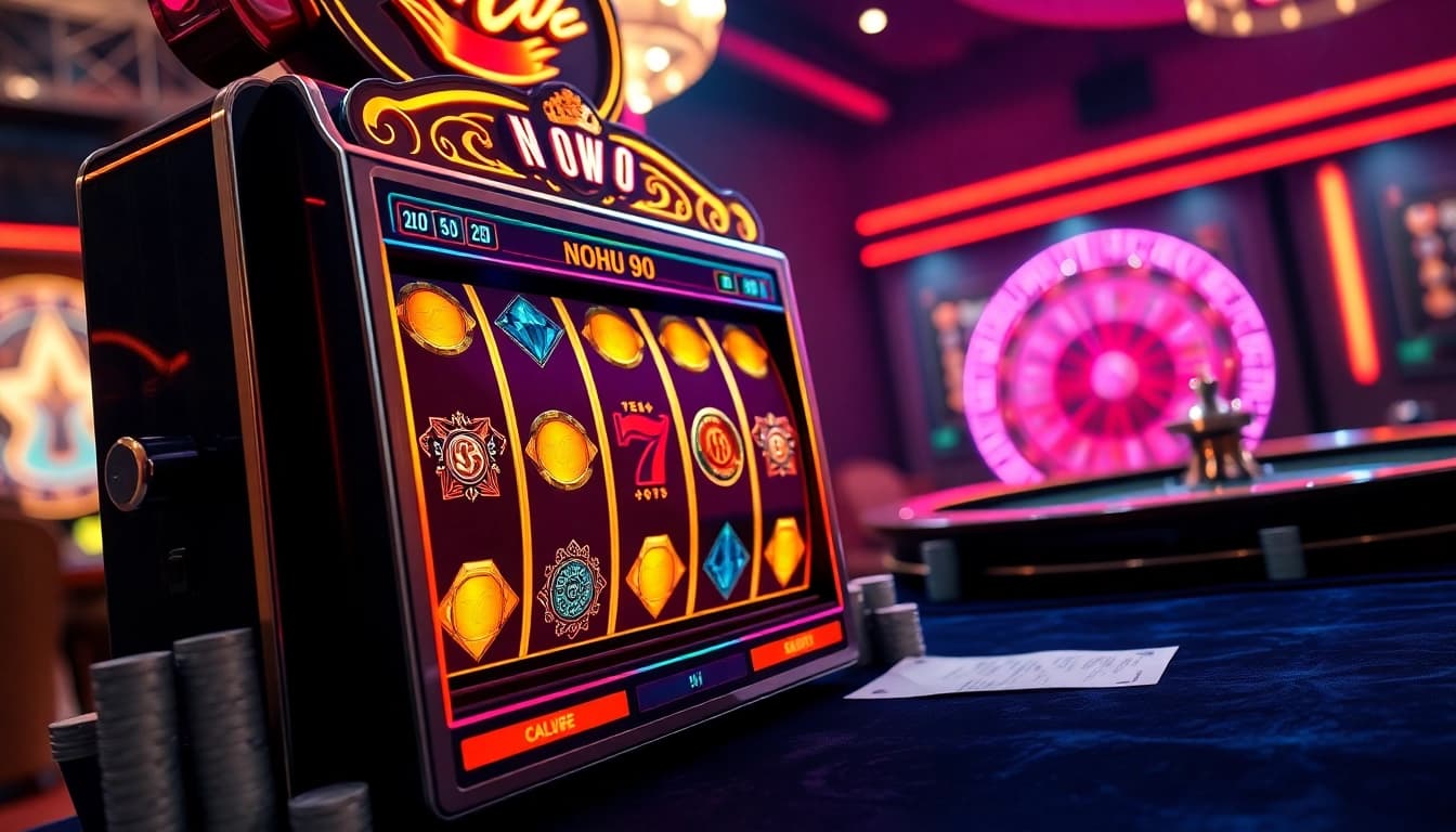Play Nohu90 on a high-end slot machine, winning vibrant rewards amidst casino excitement.