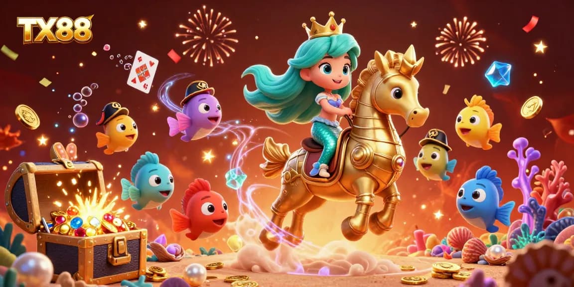 Engage in thrilling gaming adventures with TX88’s vibrant casino illustration featuring gold coins and a mermaid.