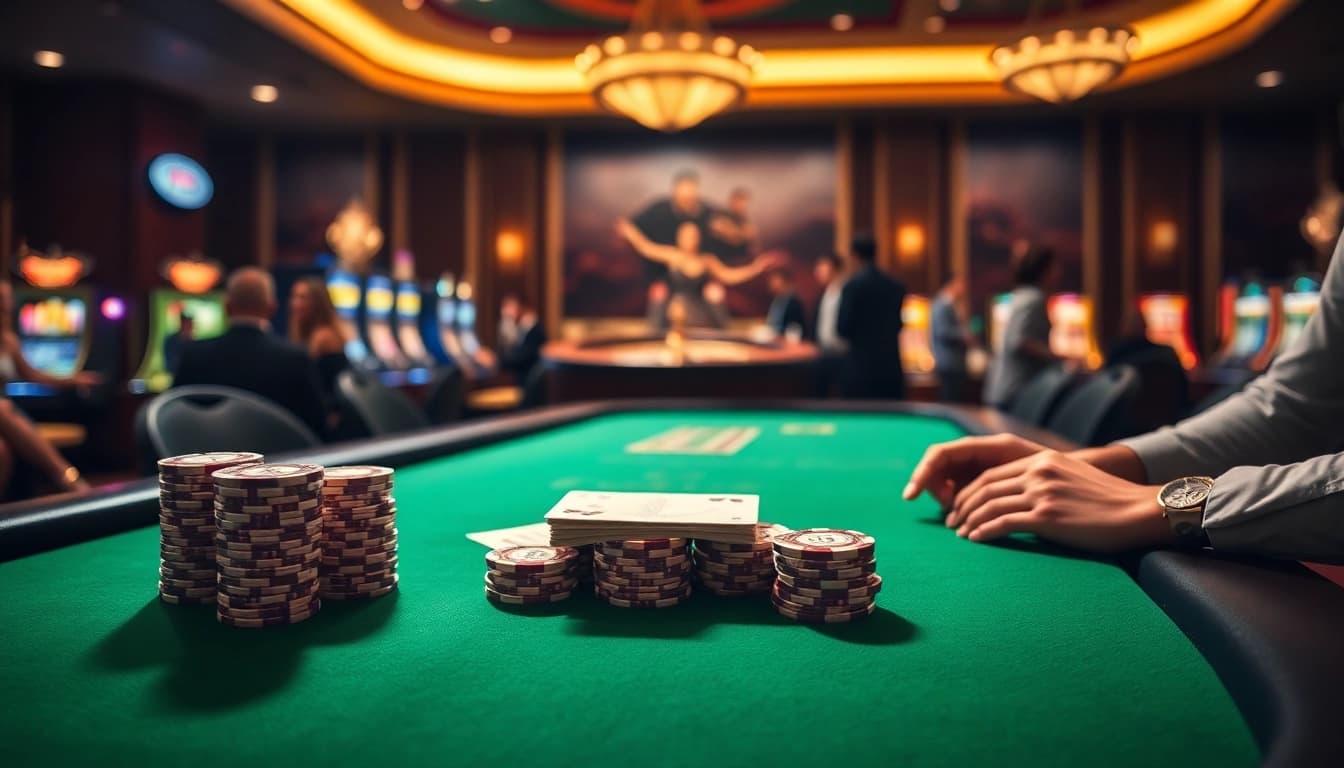 Engaging gamblers at cm88com around a vibrant poker table in a luxury casino.