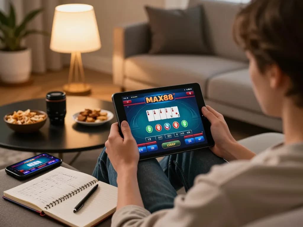 Engaged player using MAX88 tablet for poker gameplay in a cozy gaming setup