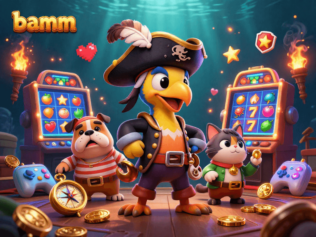 Experience bamm's vibrant themed 3D pirate casino scene with slots, coins, cartoon characters, and glowing effects.