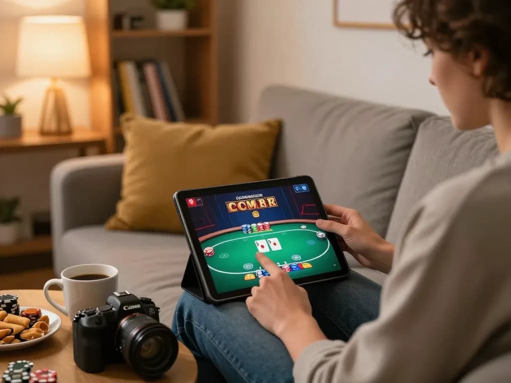 Freecuci365 player enjoying an online poker game on a tablet, showcasing home gaming comfort.