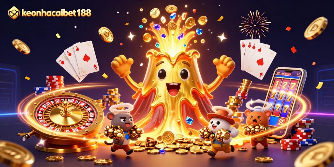 Engage with keonhacaibet188's vibrant casino adventure featuring a golden volcano erupting coins and gems.