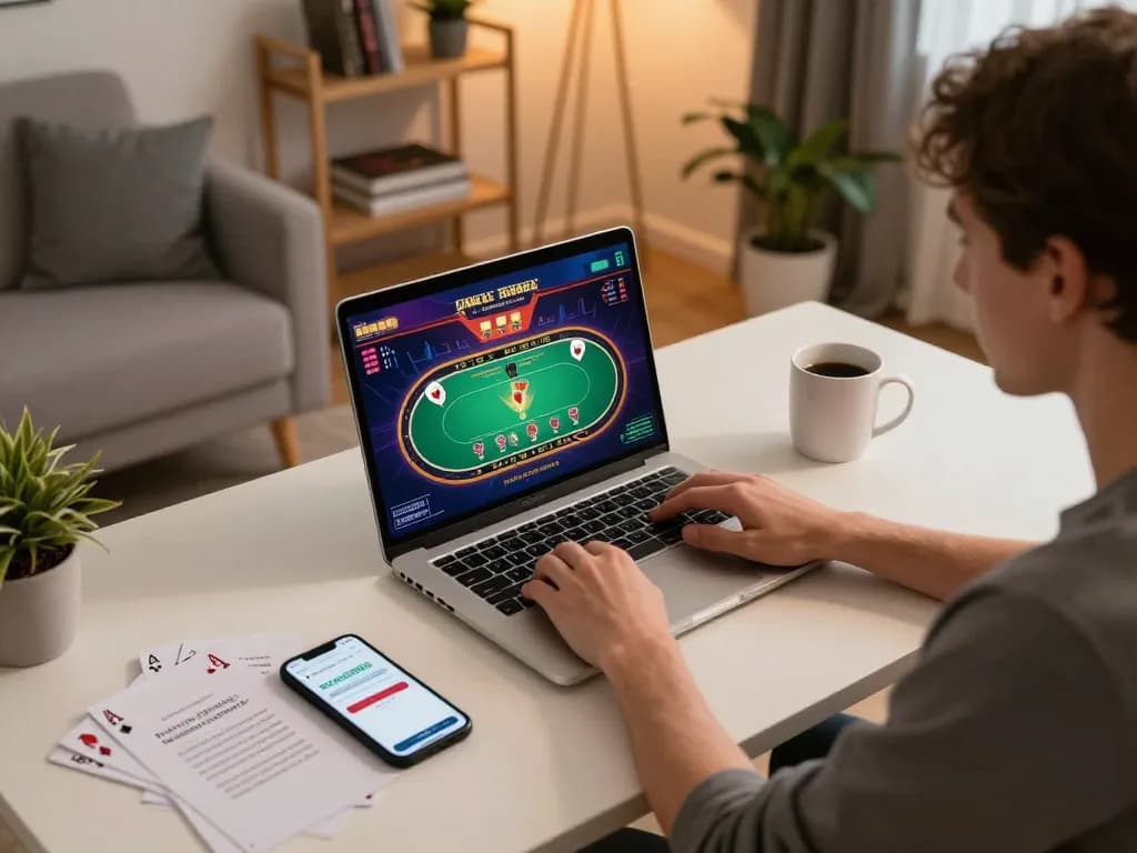 Person using rokok88 login on their laptop at home for engaging online gaming experience.