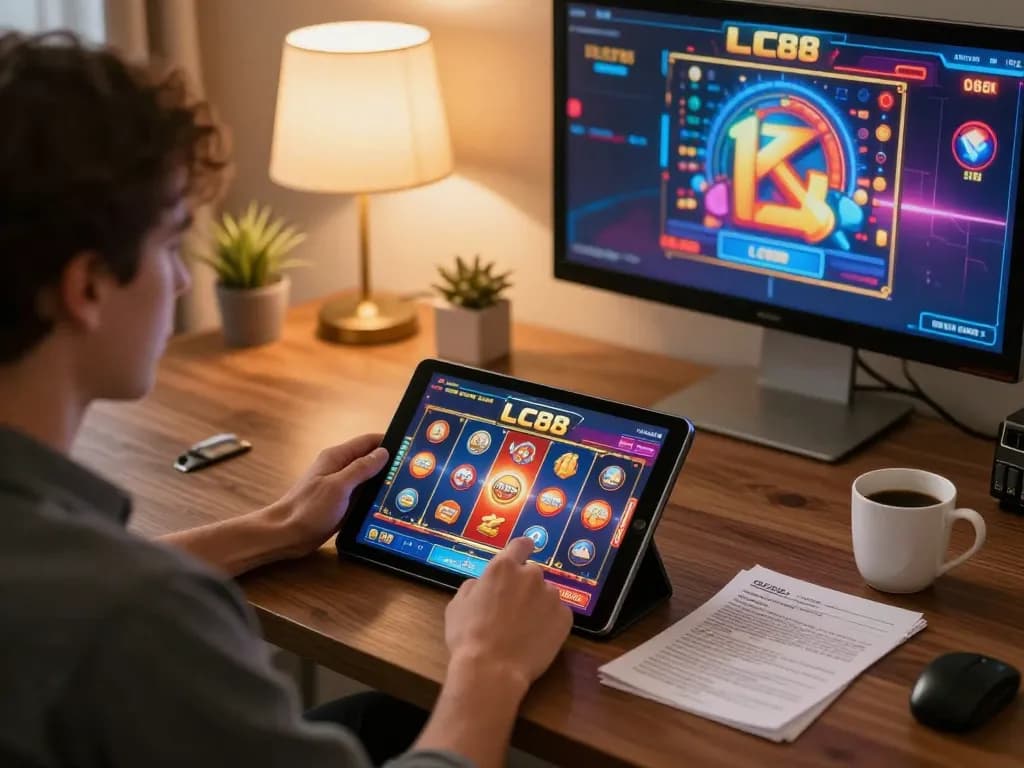 Player engaging with LC88 online casino interface on a tablet while enjoying a cozy gaming setup.