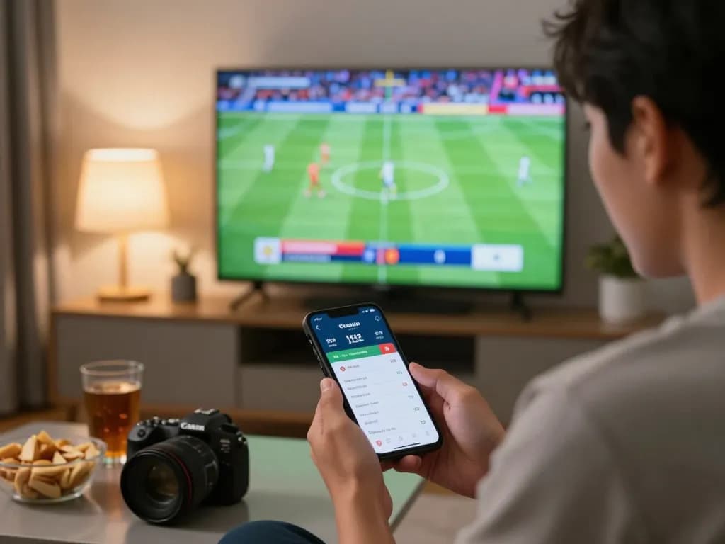 Engaging with kèo nhà cái while watching a live football match on a smartphone in a cozy home.