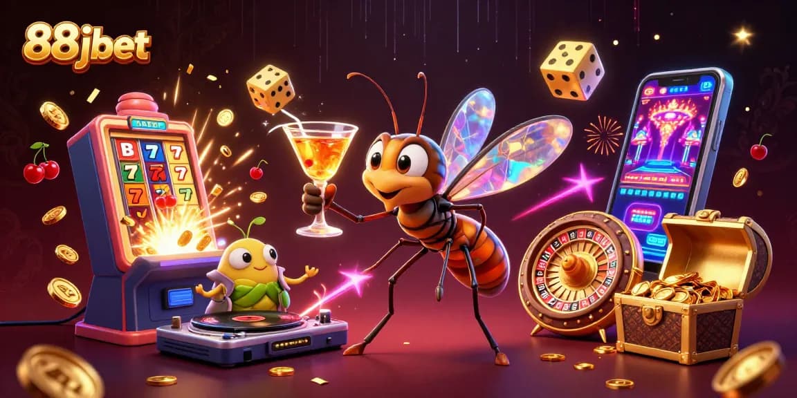 88jbet showcases a vibrant casino scene with a lively mascot and unique gaming elements.
