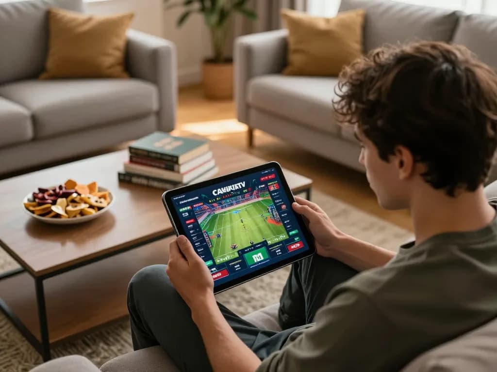View of a person engaged with CAKHIATV while placing sports bets on a tablet at home, showcasing a strategic betting environment.