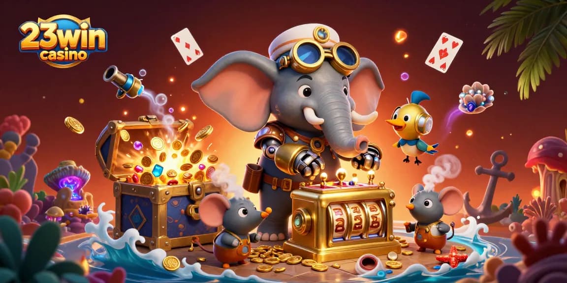 Experience thrilling play at 23win casino with a vibrant 3D scene featuring steampunk characters and game elements.