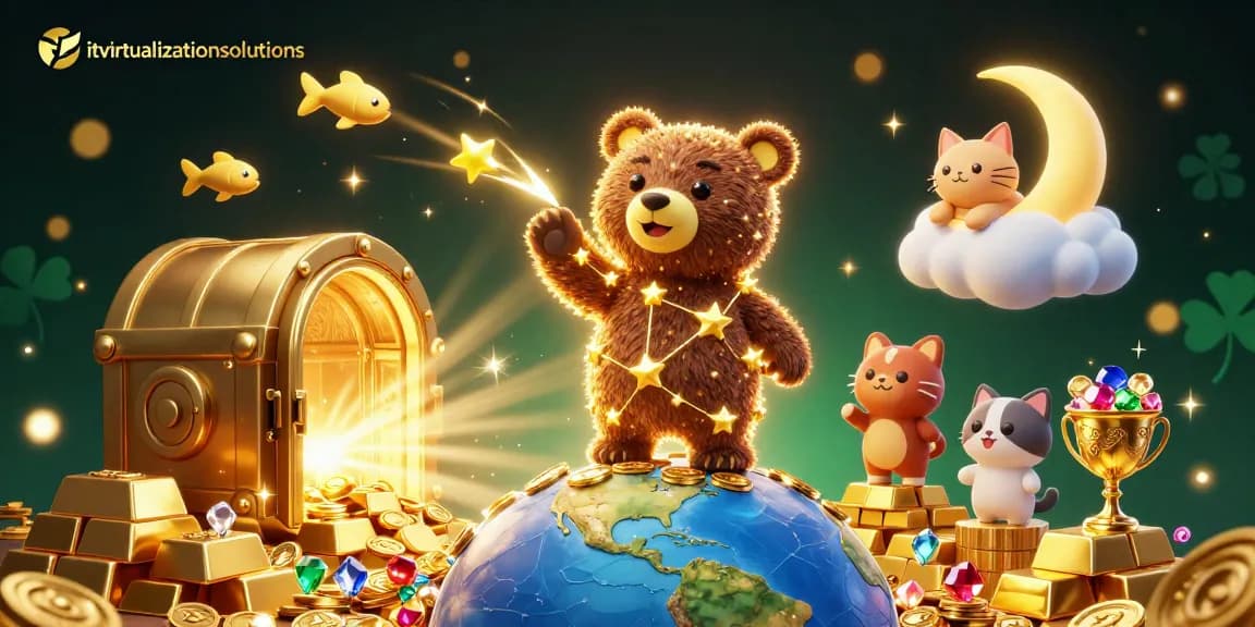 Experience the thrill of itvirtualizationsolutions with a dazzling casino scene featuring a golden bear scooping coins.