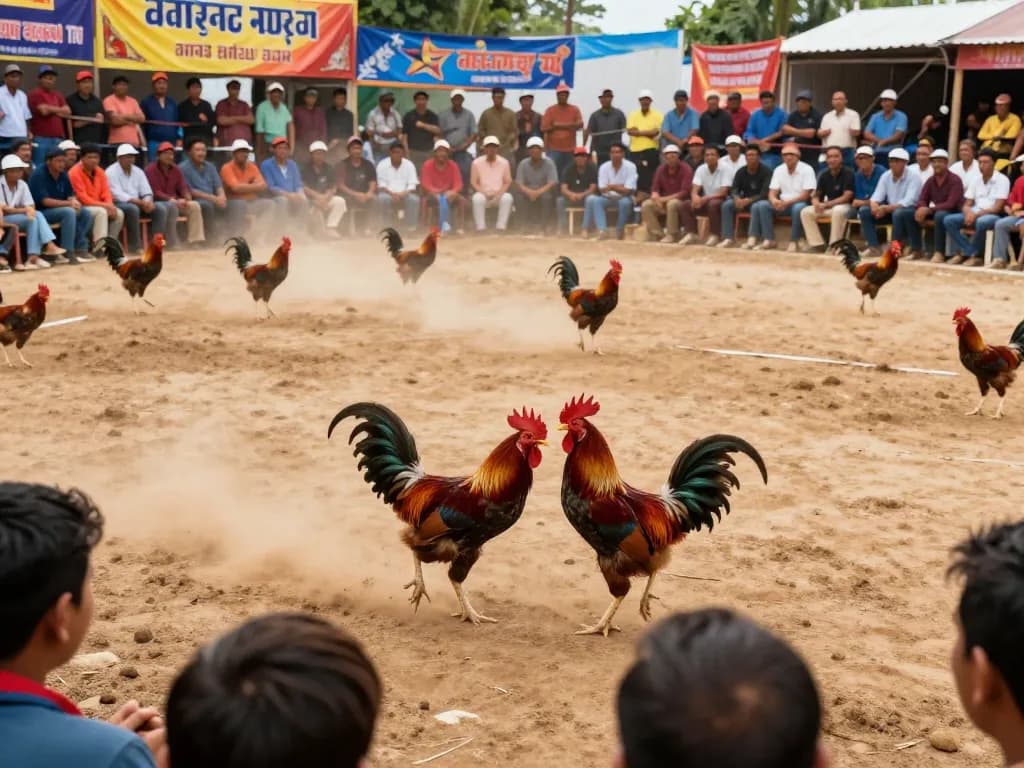 Engaging gà đá trực tiếp action from a thrilling live cockfighting event with spectators.
