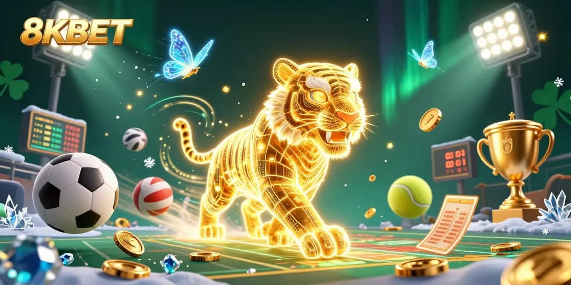 Engage with 8KBET's thrilling digital casino featuring a glowing tiger and animated sports elements.