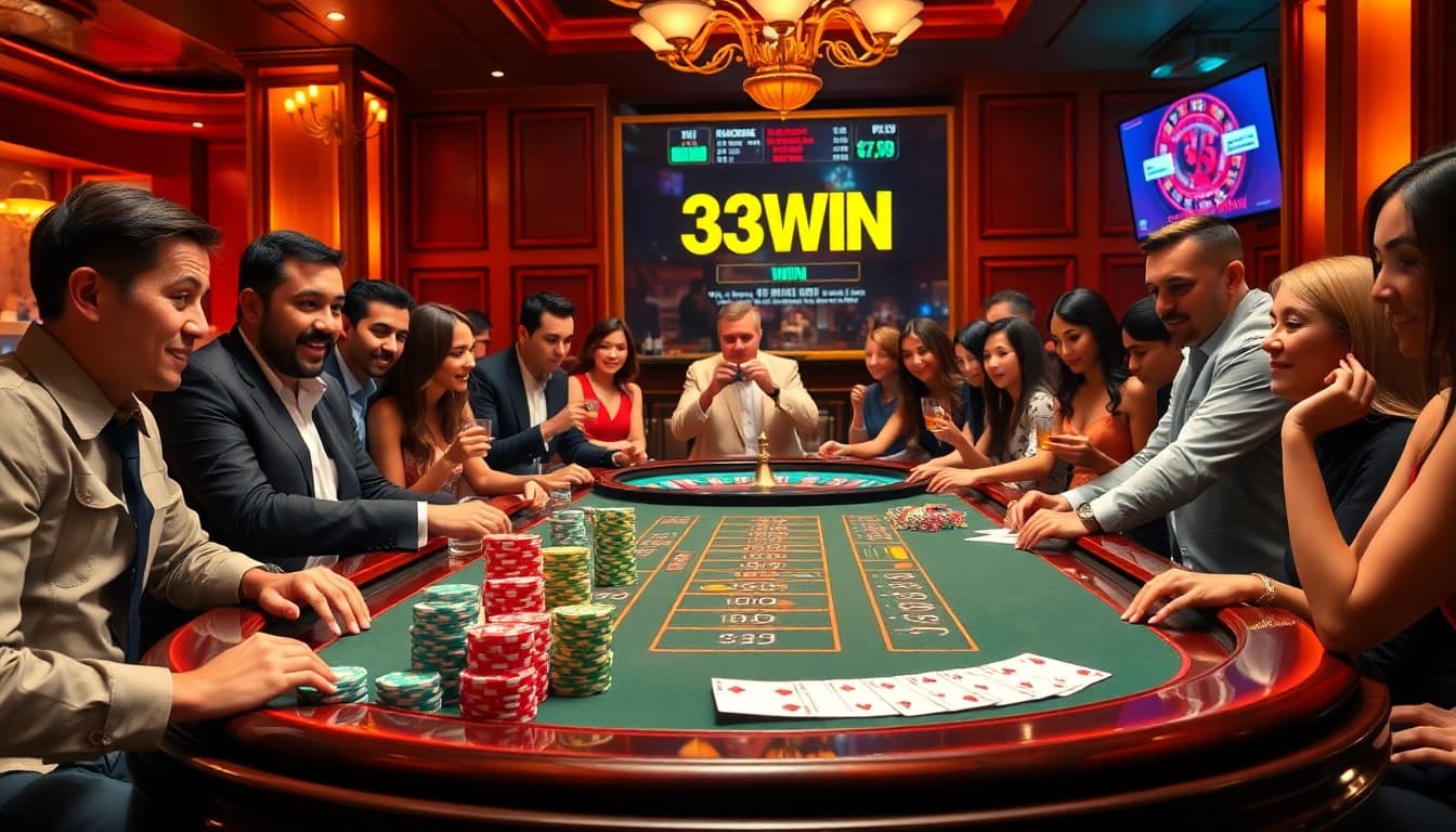 Players at a casino table strategize their next move in a thrilling 33WIN poker game.