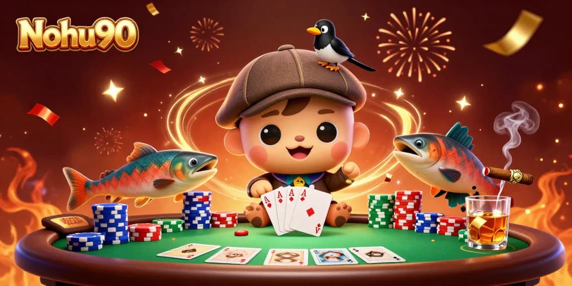 Nohu90 offers a colorful casino experience featuring baby Nessie and engaging poker elements in a vibrant scene.