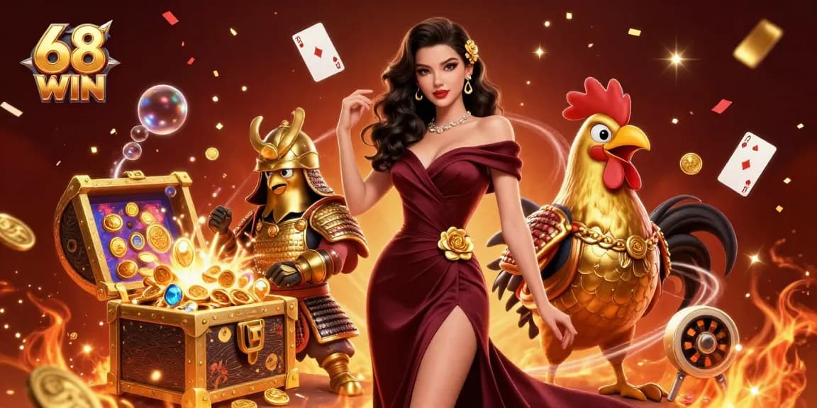 Experience the thrill of winning with 68 WIN in a vibrant casino scene filled with characters and game elements.