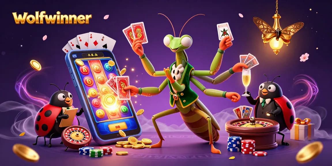 Experience the thrill with wolfwinner's exciting gaming scene featuring a praying mantis dealer and ladybug pit boss.