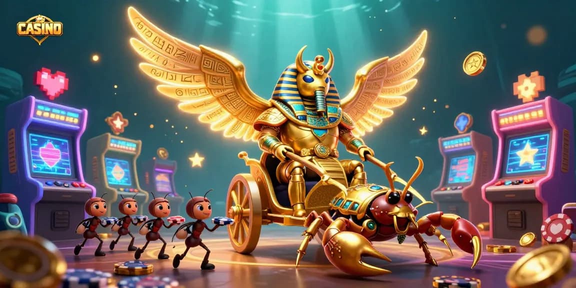 CASINO scene showcasing a golden scarab beetle, scorpion chariot, and poker chips in vibrant atmosphere.