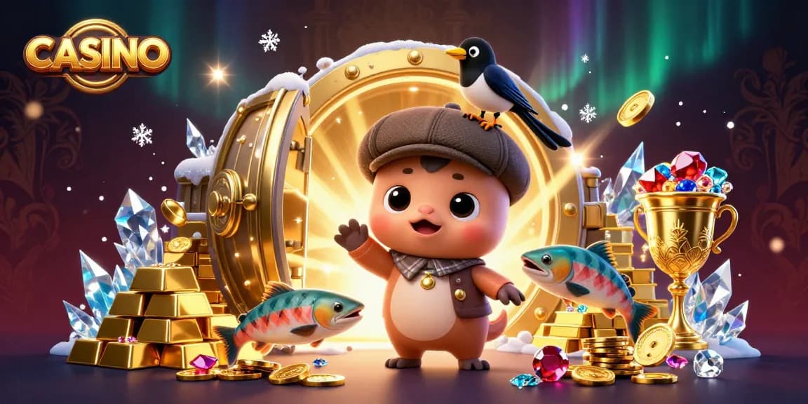 Bring luck at the CASINO with cartoon Nessie, gold coins, and playful salmon in a vibrant scene.