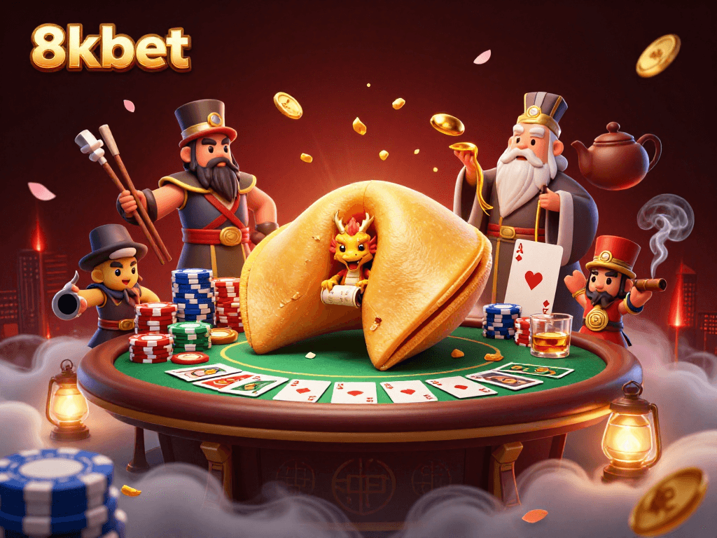 Experience thrilling gameplay at 8xbet with a captivating casino scene featuring dynamic card games and fortune symbols.