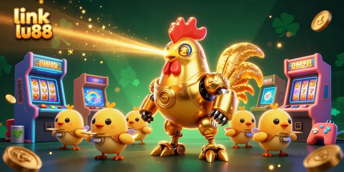 Engage with thrilling games at link lu88, featuring dynamic golden rooster robot and casino elements.