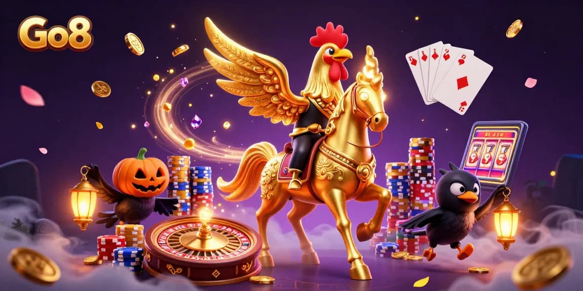 Go8 features golden rooster characters and casino elements in a vibrant gaming illustration.