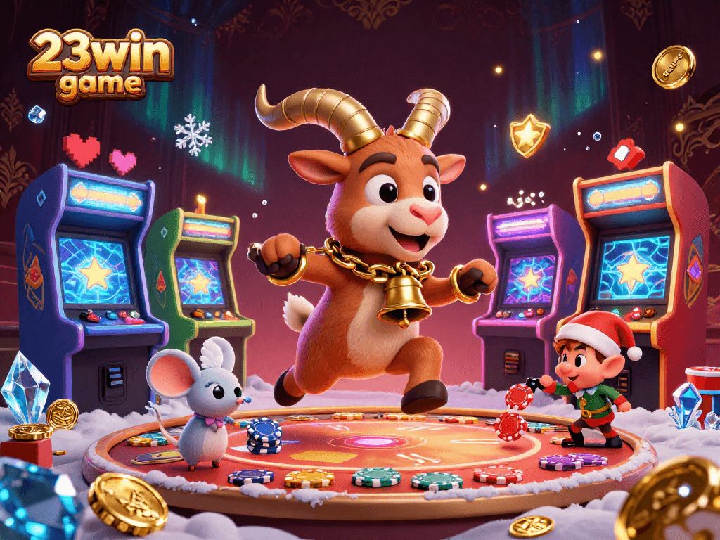 Experience the excitement of the 23win game with animated characters enjoying casino fun amidst dynamic arcade elements.