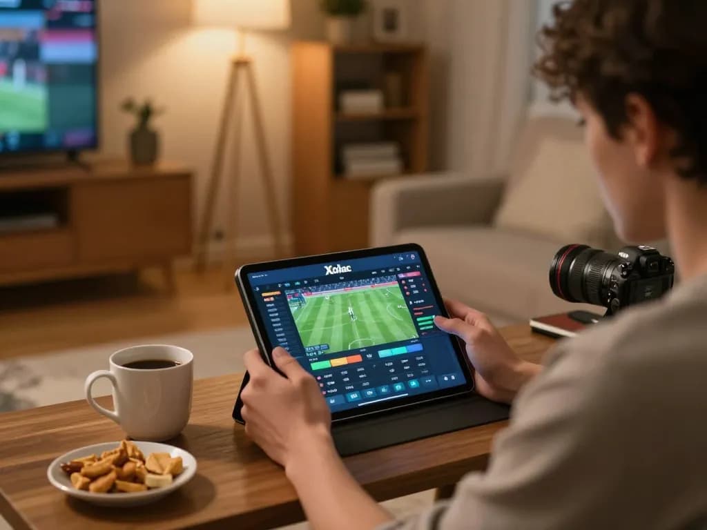 Xoilac sports betting interface displayed on tablet in a cozy home setup, showcasing responsible gaming.