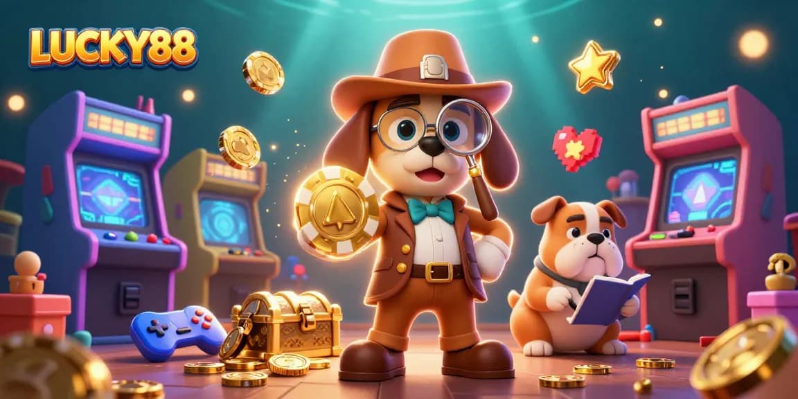 Experience the thrill of LUCKY88 with a vivid 3D casino scene featuring a detective solving poker clues.