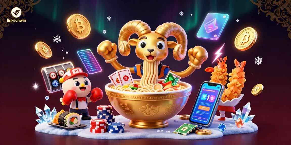 Get ready to win with linksunwin's exciting casino scene featuring colorful characters and crypto elements.