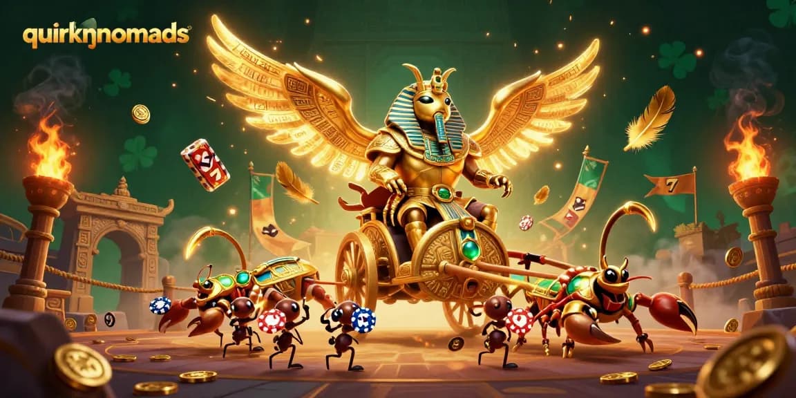 Experience gambling excitement with quirkynomads' dynamic scene featuring a golden scarab beetle and vibrant casino elements.