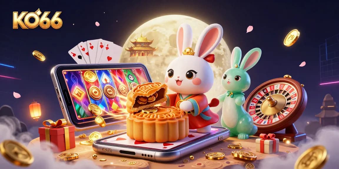 KO66 casino features a captivating moon rabbit scene with poker and gaming elements.