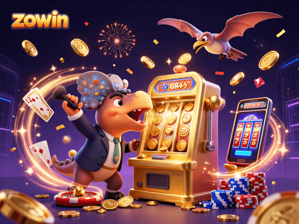Zowin showcases a thrilling casino scene with a dinosaur and slot machine winning jackpot coins.