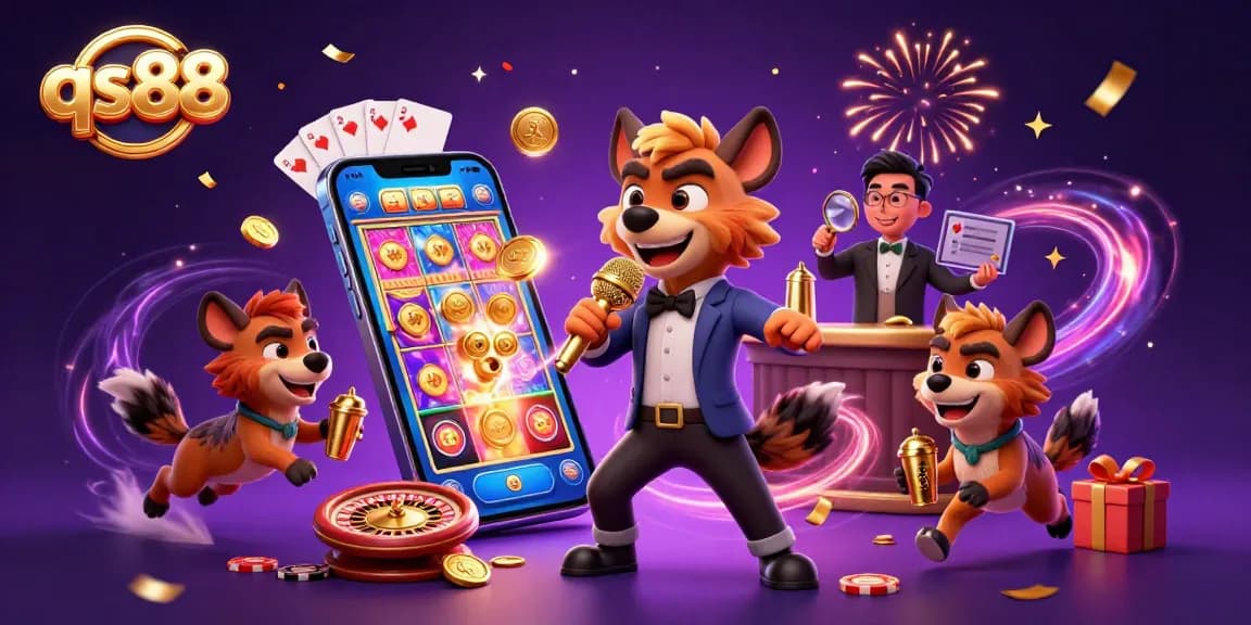 qs88 casino club featuring hyenas, dynamic comedy scene with gambling elements and vibrant colors