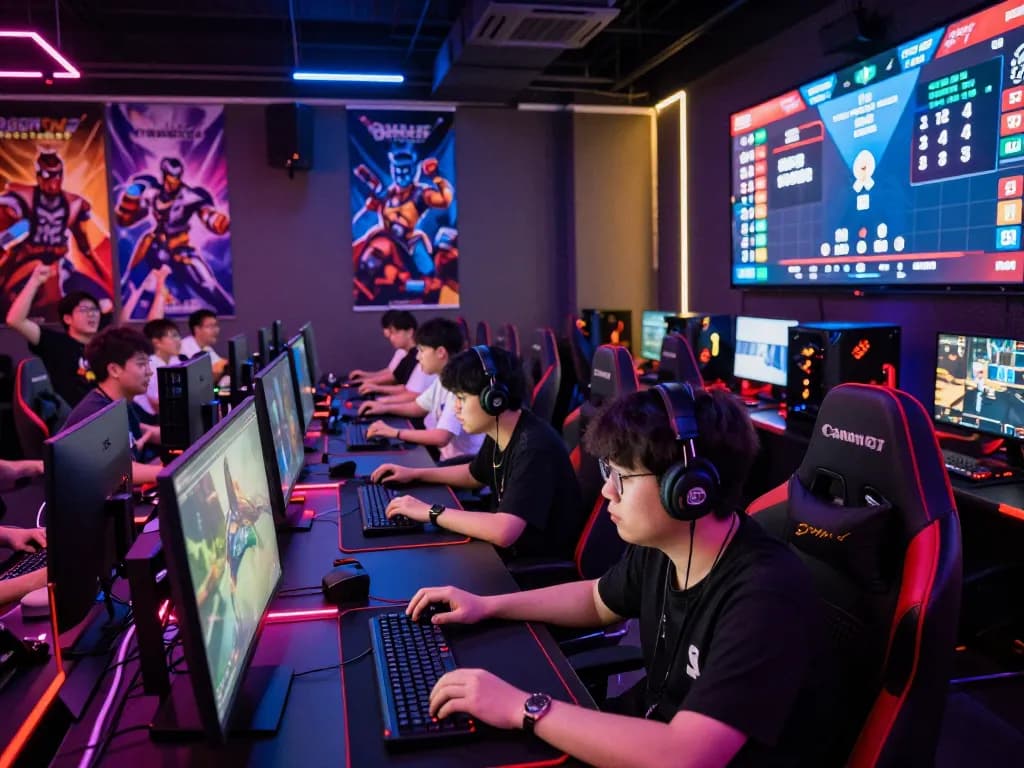 Exciting esports gaming arena showcasing players immersed in nổ hũ hubet88 action, vibrant lights and cheering crowd in the background.