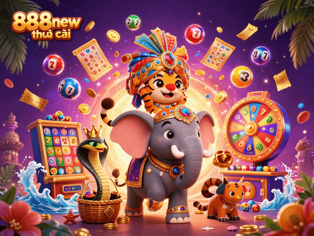 Experience the excitement of 888new nhà cái with vibrant casino elements, as a grand maharaja tiger rides gem-studded, exciting gaming scenes.