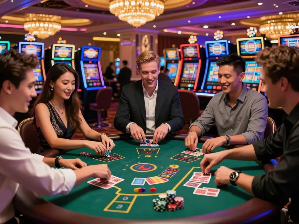 Casino Hong Kong vibrant gaming scene with players enjoying table games and neon lights creating a lively atmosphere