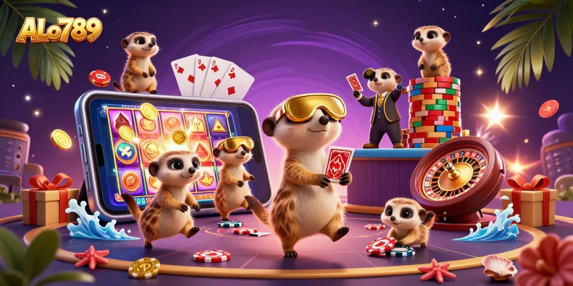 Experience an exciting gaming adventure at ALo789 with meerkats managing a vibrant online casino.