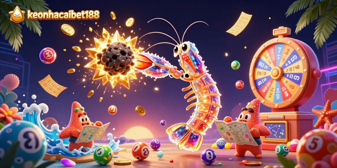 Engage with keonhacaibet188, featuring a galactic samurai shrimp amidst bouncing lottery balls and sparkling gold coins.