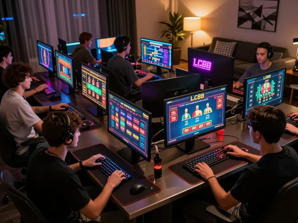 Players engaged in exciting online gaming at LC88, showcasing poker and slots in a cozy digital environment.