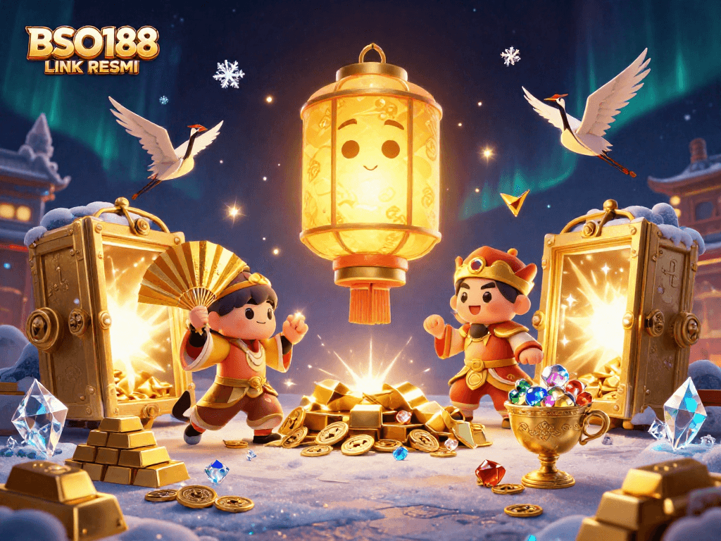 Engage with BSO188 LINK RESMI featuring a dynamic illustration of a casino scene rich with lucky symbols and treasures.