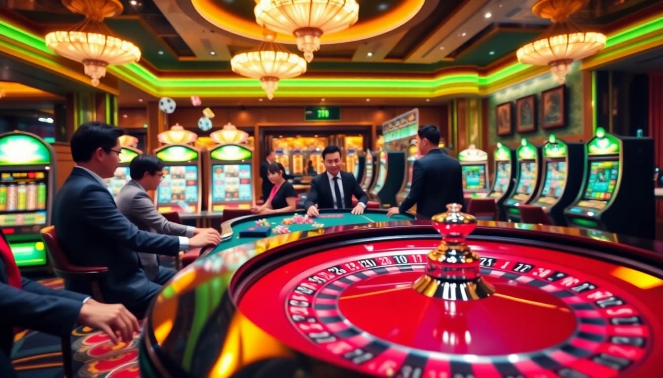 Kèo nhà cái betting action at a luxurious casino with vibrant roulette table and eager players.